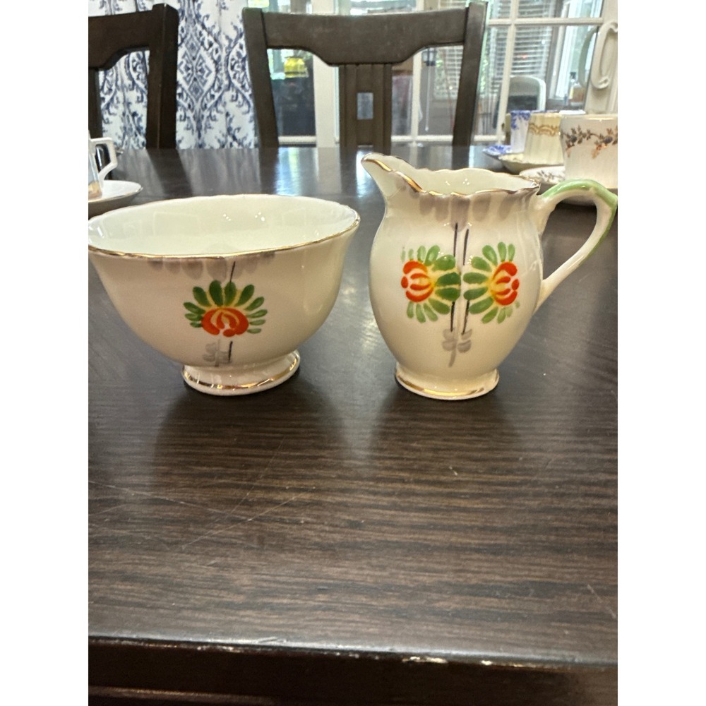 Delphine Bone China Creamer and Sugar Bowl Set Floral Painted England Vintage